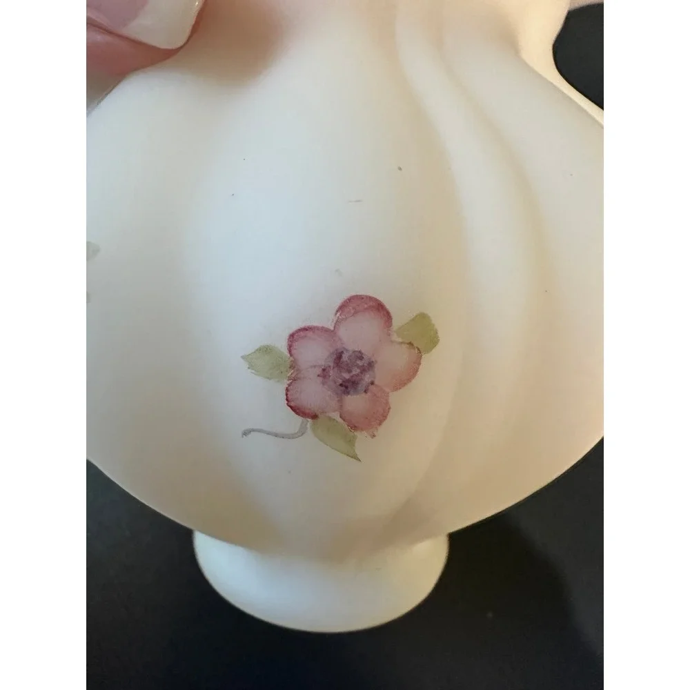 Vintage Fenton Opal Satin Floral & Berries Vase Hand Painted Signed CottageCore